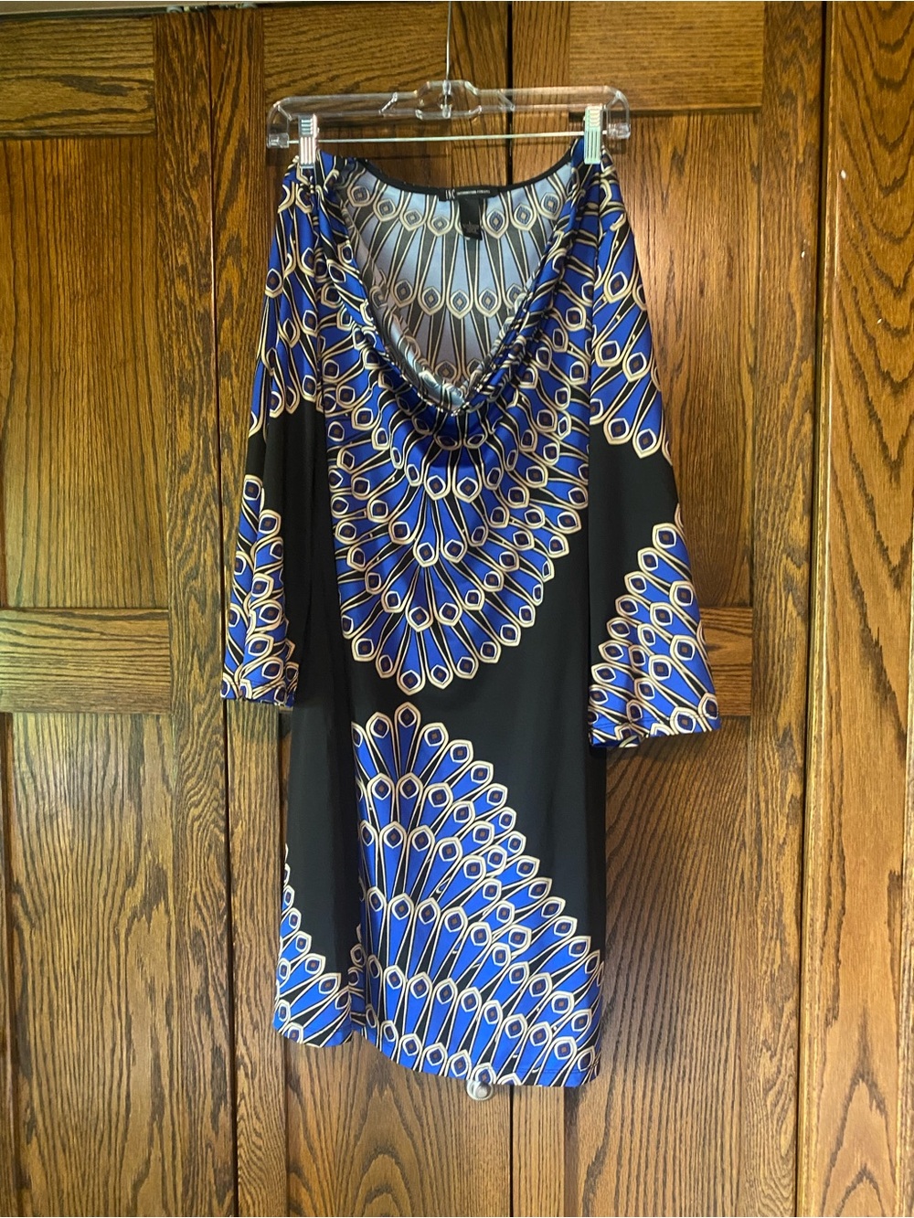 international concept cowl neck peacock patterned dress